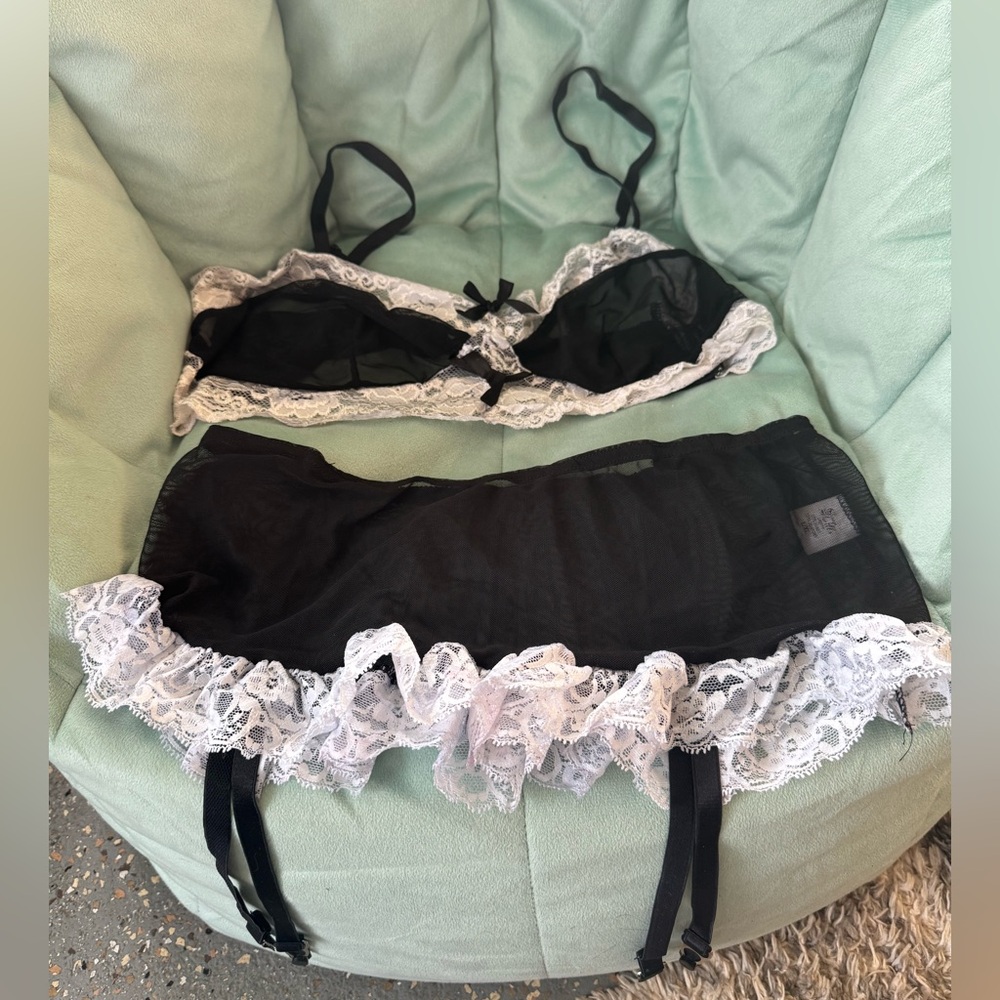 Sexy sheer mesh & lace French maid lingerie set bra & skirt with garters